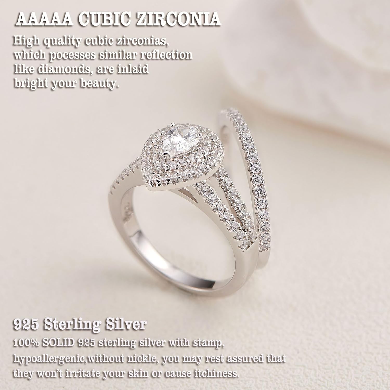Newshe Jewellery Cubic Zirconia Wedding Rings for Women 925 Sterling Silver Engagement Bridal Ring Set Pear White Promise Anniversary Band Size 4-13 - Image 5