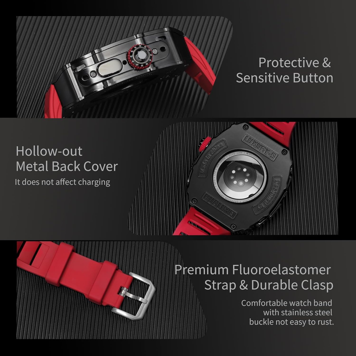 For Apple Watch Ultra Band 49mm Case, Luxury Rugged Metal Cover Screen Protector Fluoroelastomer Strap for iWatch Ultra Series 49mm Replacement Strap Heavy Duty Bumper Case for Men (49mm, Red) - Image 5