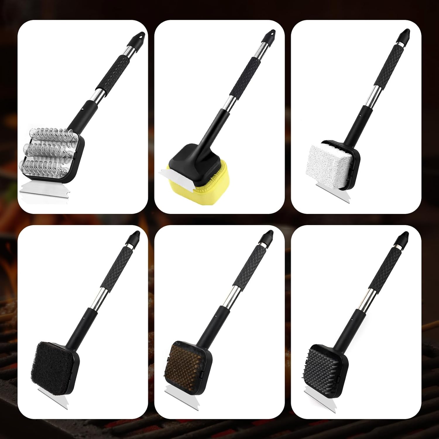 BBQ Grill Brush Set，Safe Grill Cleaning Brush Set and Scraper with Replacement Sponge Heads and Various Cleaning Brushes for Porcelain Charcoal Grill - Image 4