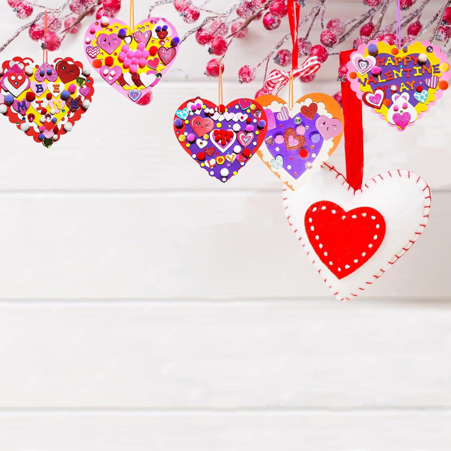 MLOLM 24 Sets Valentines Hearts Foam Craft Kits DIY Heart Ornaments Valentine Craft Kits with Foam Hearts Stickers Glitter Pom-Poms for Valentine Activity Gift Exchange Art Project Supplies