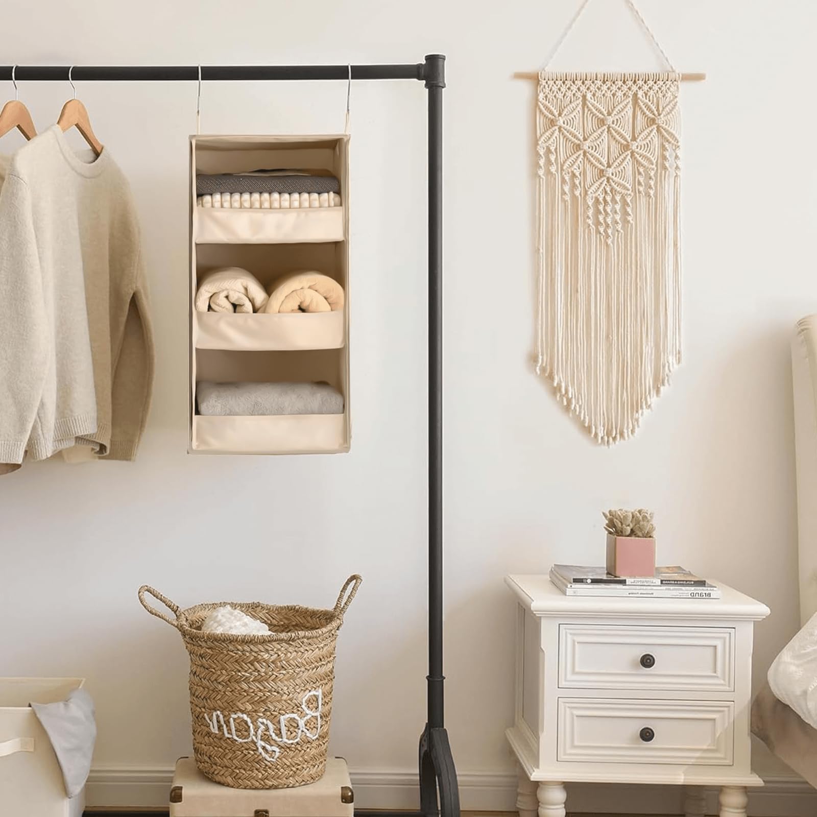 Estantes de almacenamiento colgantes de 3 estantes, 2 unidades, plegables de tela no tejida, estantes apilables para armario, color beige, solución de ahorro de espacio para almacenamiento en el hogar
