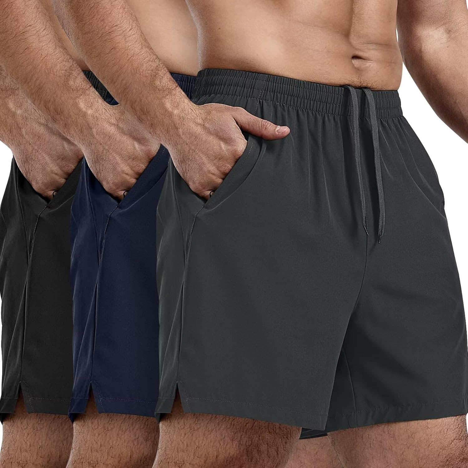 FIONECA 3 Pack Men's Athletic Running Shorts 5 Inch,Quick Dry Gym Workout Shorts with Zip Pockets