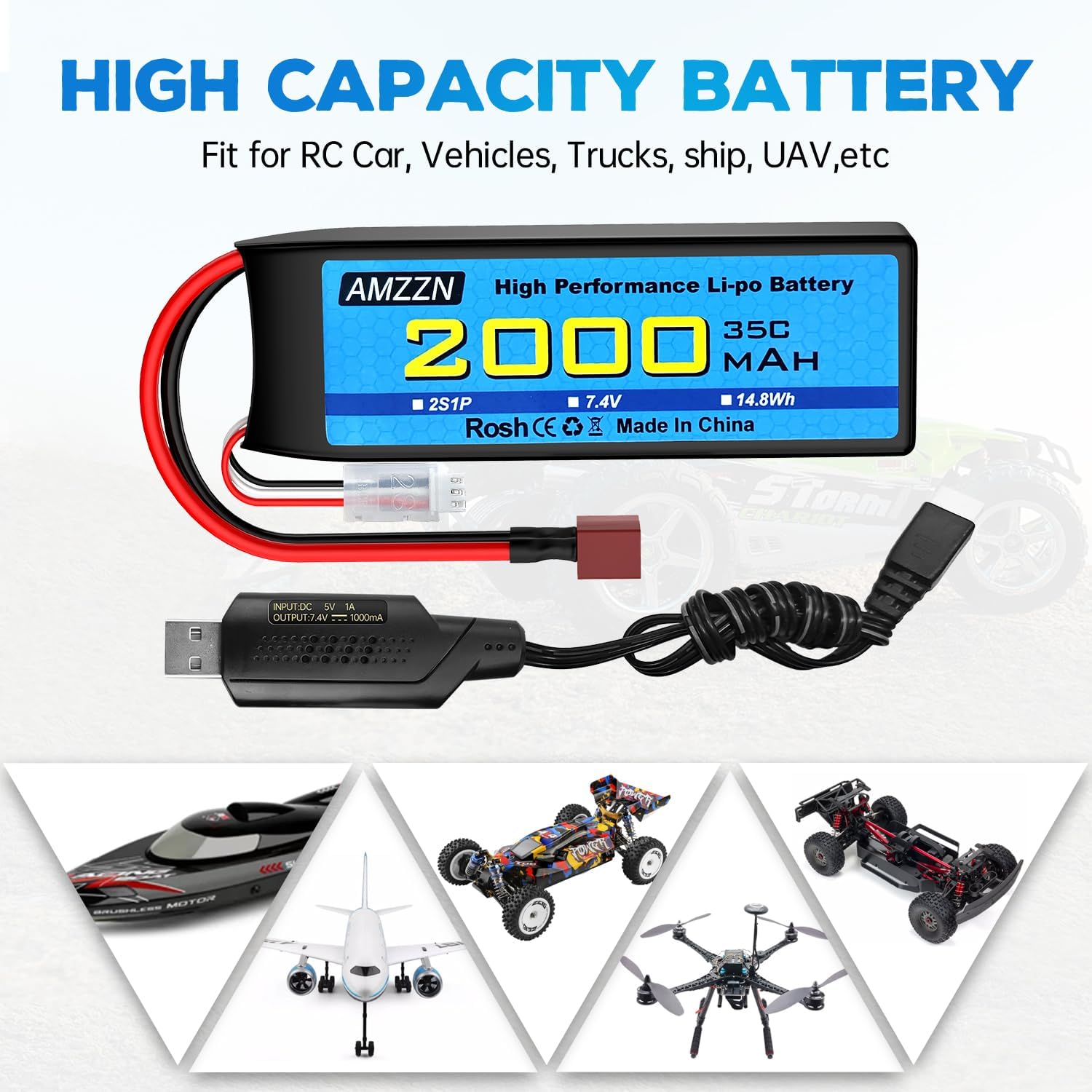 2S T Plug Lipo Battery 7.4V 2000mAh 35C with USB Charging Cable for RC Car,Truck Model Car,Remote Control Ship,RC Quadcopter Qircraft,FPV Drone Battery