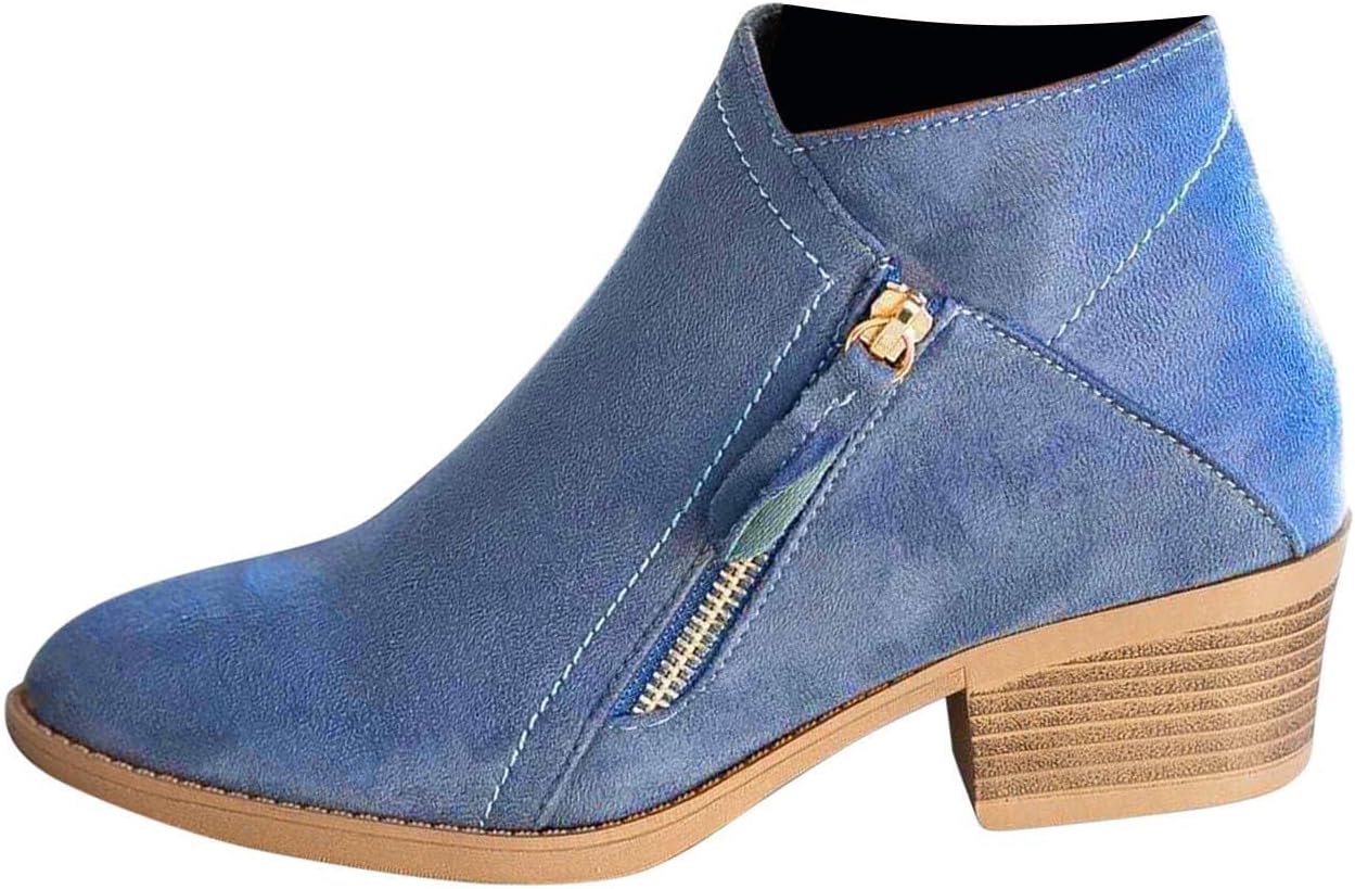 Womens Boots Winter Ankle Booties Vintage Slip on Round Toe Side Zipper Chunky Block Mid Heel Boots Solid Casual Comfy Outdoor Ladies Shoes
