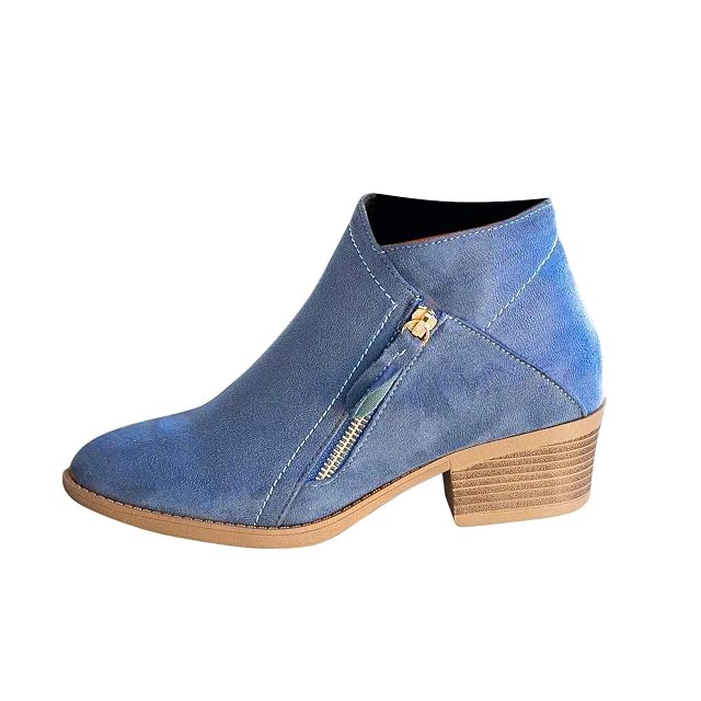 Womens Vintage Ankle Boots Faux Suede Chunky Heeled Boot Slip On Side Zipper Pointed Toe Shoes Winter Booties