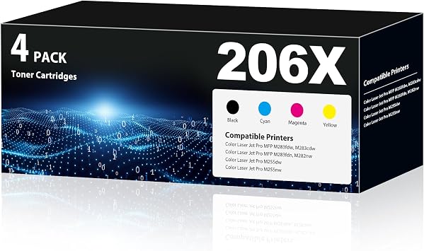 206X Toner Cartridgeswith Chip Pro MFP M283fdw M283cdw Compatible with HP 206X 206A HP206X W2110A Toner Cartridges Set for Color LaserJet Pro MFP M283cdw M283fdw M255dw M255nw Printer4 Pack