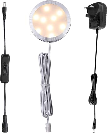 AIBOO 12V LED Kitchen Under Cabinet Lighting Plug in, with Manual Switch, Single LED Puck Light for Under Cupboard Wardrobe Cabinet Closet Kitchen, 12Vdc Low Voltage Display Light, Warm White [Energy Class E]