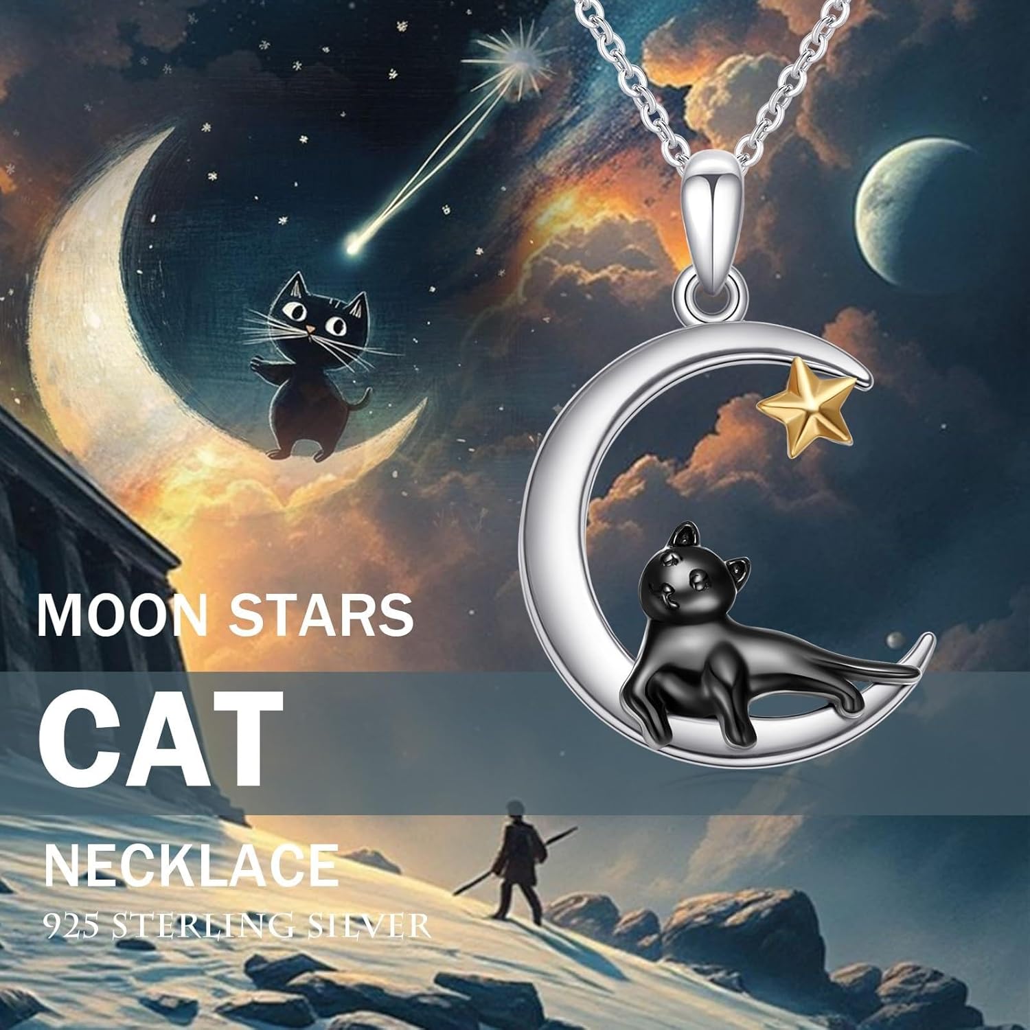 Black Cat Necklace for Women 925 Sterling Silver Crescent Moon Cat Pendant Moon Necklace Jewelry Gifts for Women Mom - Image 2