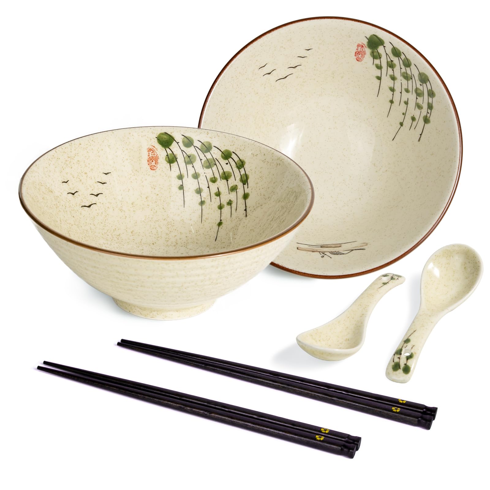 HLWDXno1 Ramen Bowl Set of 2 Ceramic Noodle Bowl with Chopsticks & Spoons 1200ml Large Soup Bowls Japanese Style Retro Porcelain Microwave Tableware Ramen Gift Set for Salad,Pho,Pasta,Udon