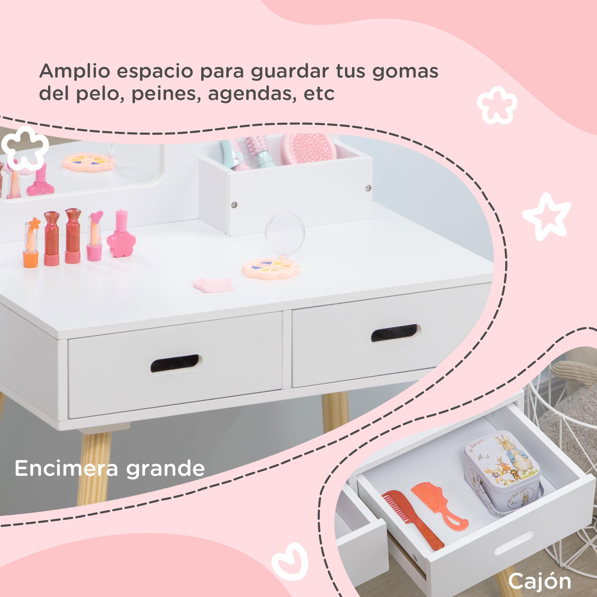 ZONEKIZ Tocador para Niñas Tocador de Madera Infantil con Taburete y Espejo Centro de Belleza con 2 Cajones Juguete Educativo para Niñas de 3-6 Años 60x40x95 cm Blanco