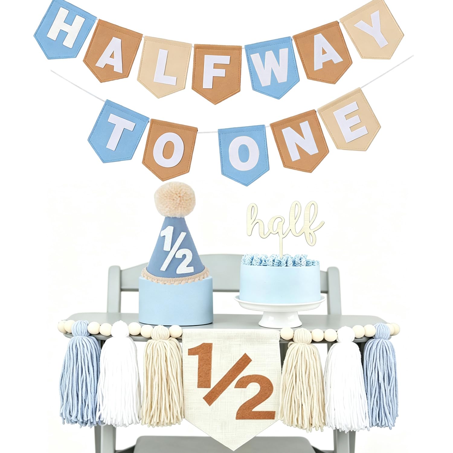 Half Birthday Decorations For Boys -Half Way To One Baby Boy Decorations With 6 Months Birthday Banner 1/2 Birthday Boy High Chair Banner 1/2 Birthday Cake Topper & Party Hat 6 Month Photo Props — image 1