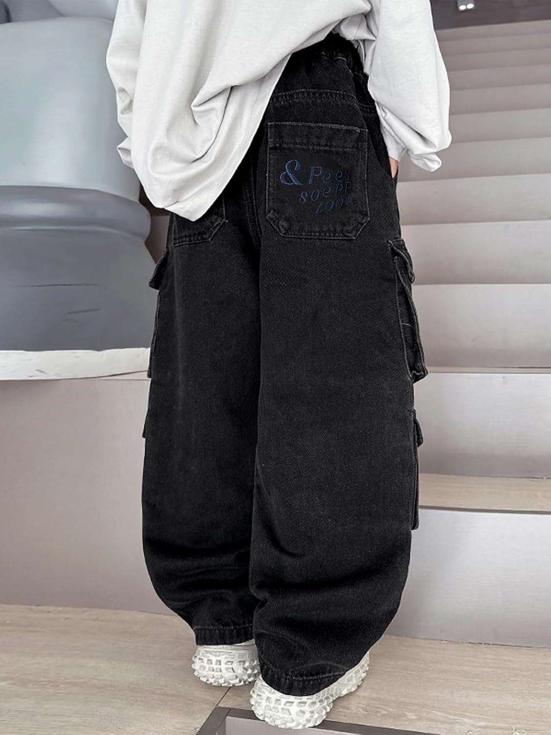 Rolanko Boys Baggy Cargo Jeans, Elastic Waist Wide Leg Y2k Hip Hop Denim Pants Kids Loose Fit Trousers Streetwear - Image 3