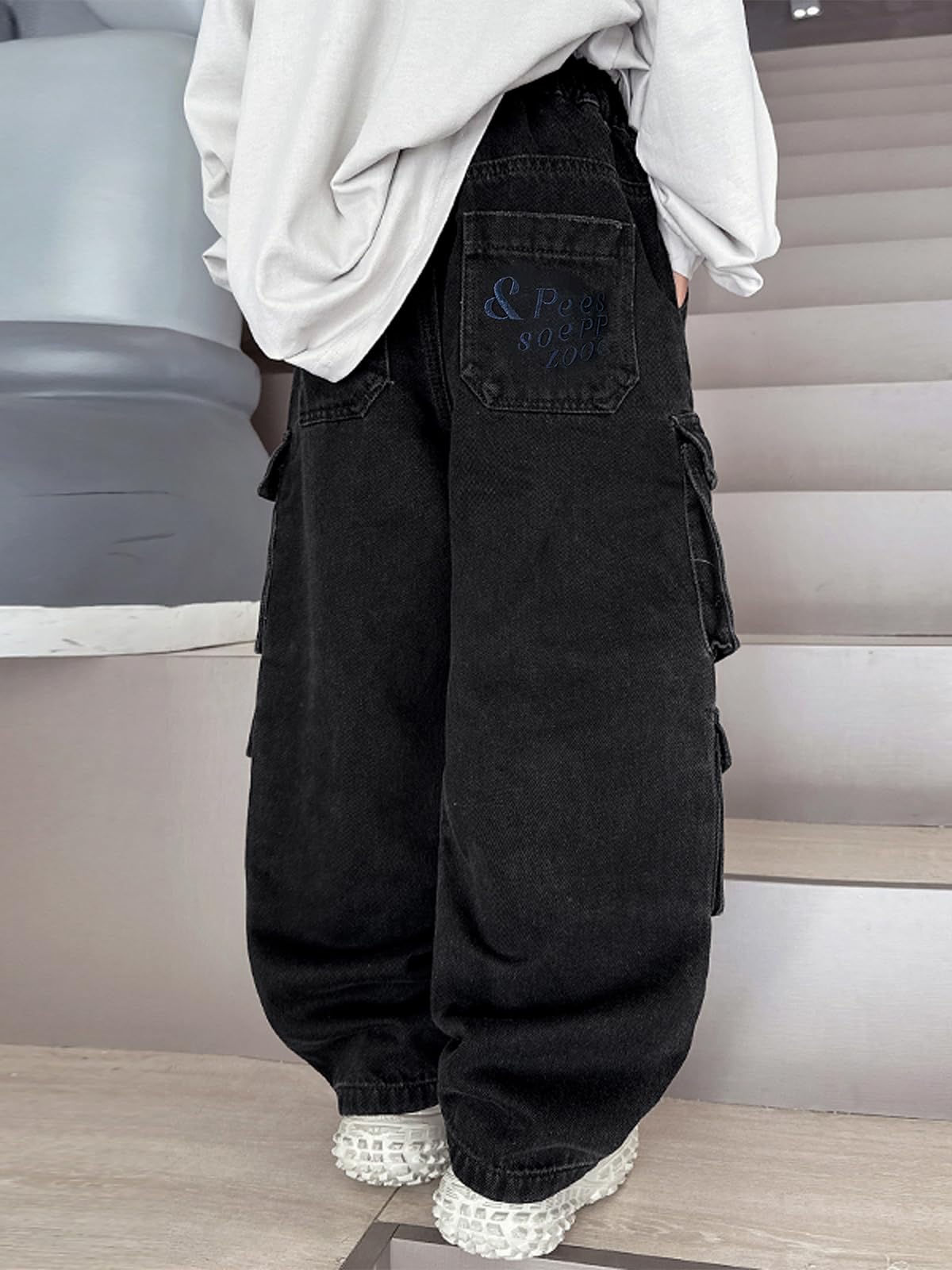Rolanko Jeans Larghi per Ragazzi, Gamba Larga Vita Elastica Pantaloni Cargo in Denim con Tasche per Bambini