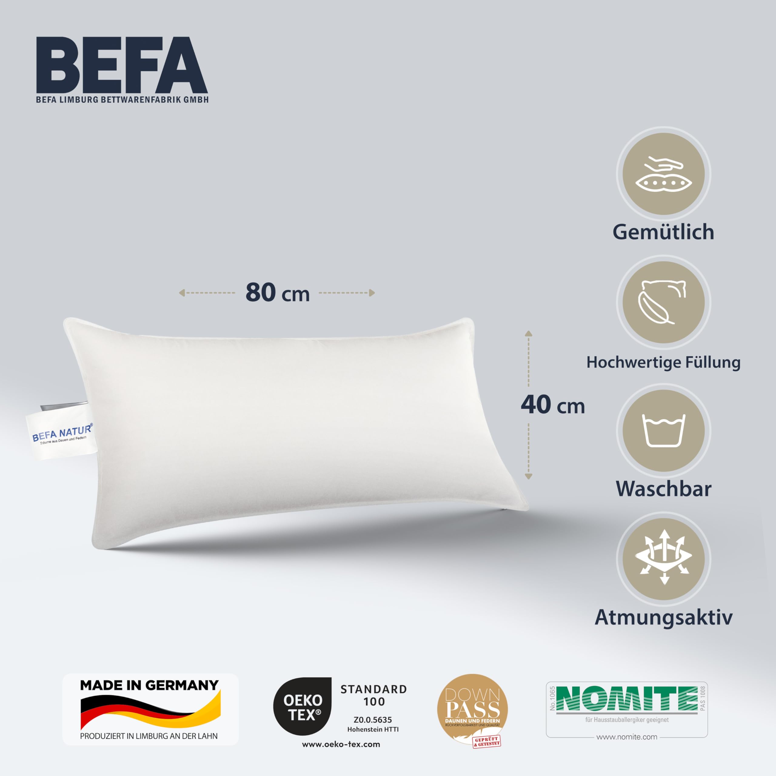 BEFA NATUR - prodotto in Germania, Cuscino in piume extra fermo 40x80 cm (2 pezzi, 40x80 cm