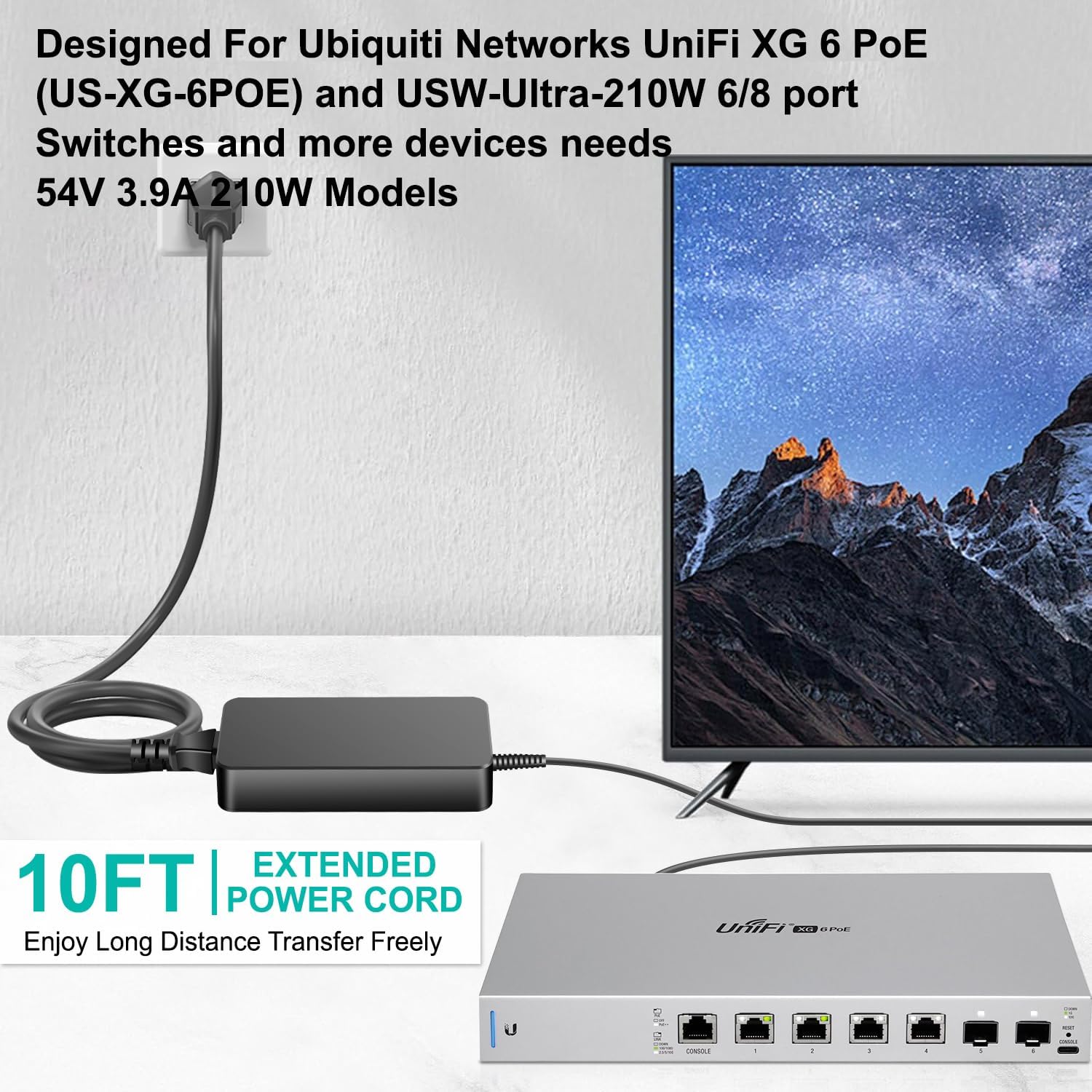 HKY 54V 3.9A 210W AC/DC Adapter Compatible with Ubiquiti Networks Flex 2.5G PoE, Switch Pro Max 16 PoE (USW-Pro-Max-16-PoE), USW-Pro-XG-8-PoE, US-XG-6POE, USW-Ultra 210W Power Supply Cord Charger PSU