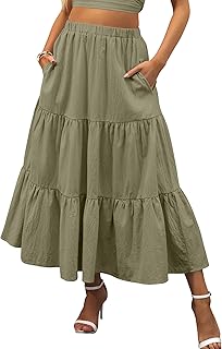 Women’s Summer Boho Flowy Swing Tiered A-Line Maxi Skirt 2025 Fashion Trendy Elastic Waist Pleated Long Beach Dress - Buy now