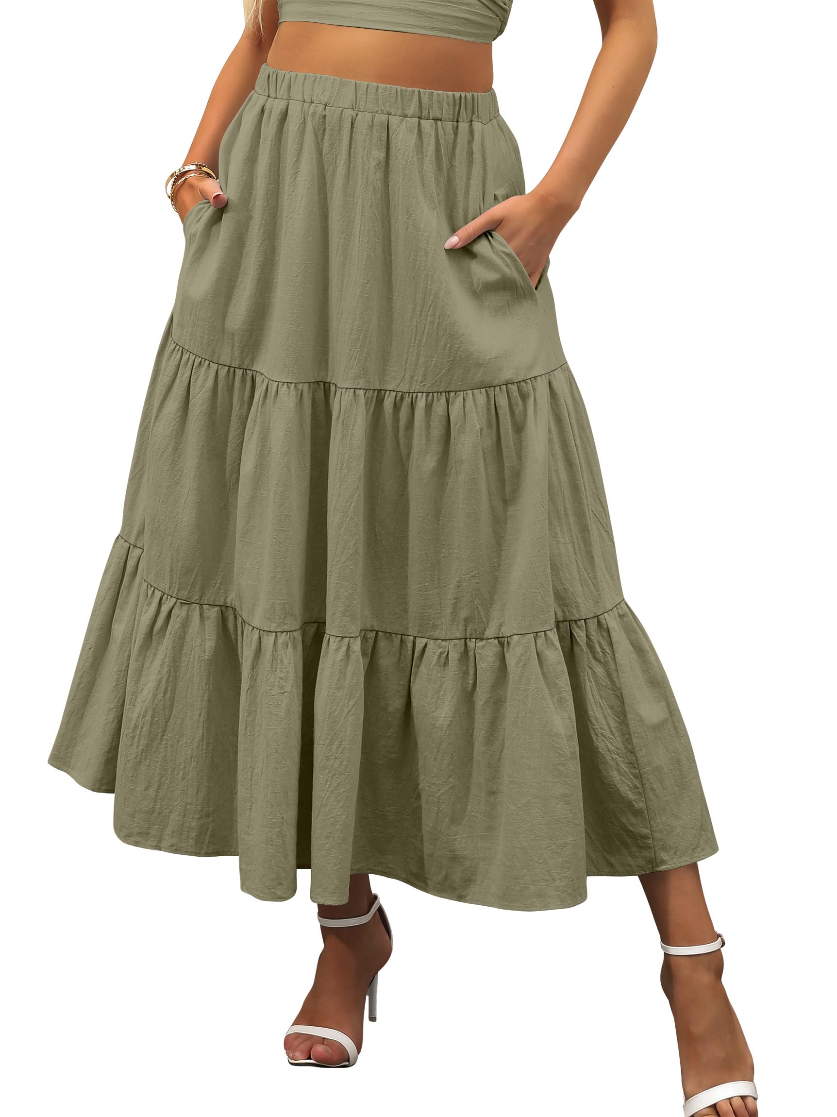 ANRABESSWomen’s Summer Boho Flowy Swing Tiered A-Line Maxi Skirt 2025 Fashion Trendy Elastic Waist Pleated Long Beach Dress