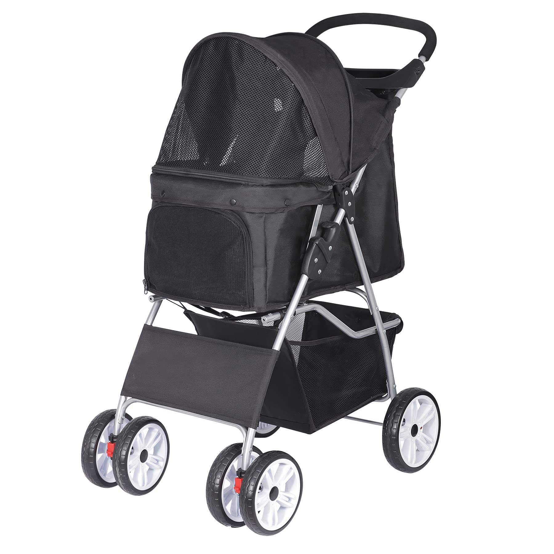 BBBuy 4 Wheels Foldable Pet Dog Cat Jogger Stroller Travel Carrier Strolling Cart w/Waterproof Cover Storage Basket Cup Holder & Removable Liner for