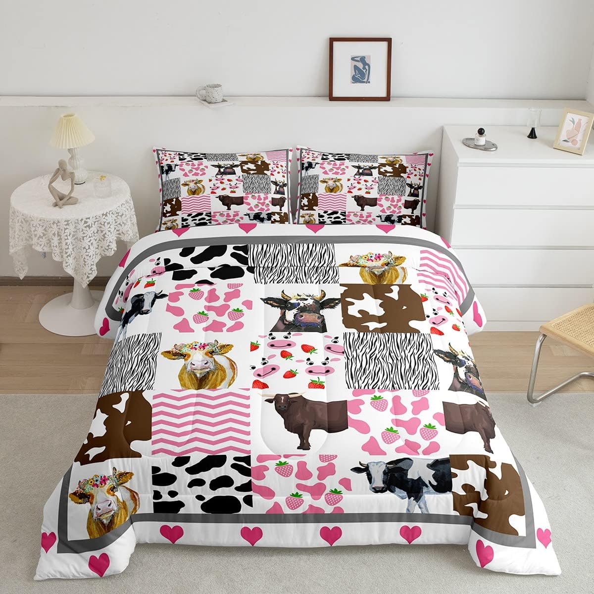 amazon-milk-cow-pattern-bedding-set-pink-cow-comforter-for-kids