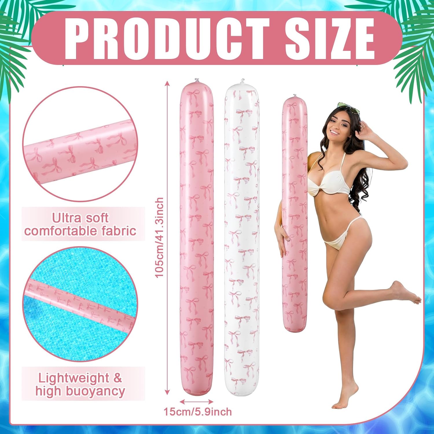 Soulchen 2 Pcs Pink Bow Inflatable Pool Noodle 41.3 Inch Large Blow up Pool Sticks Swimming Noodles Cute Water Floats for Adults Summer Swimming Sports Beaches Lake Outdoor Tropical Hawaii Party Decor