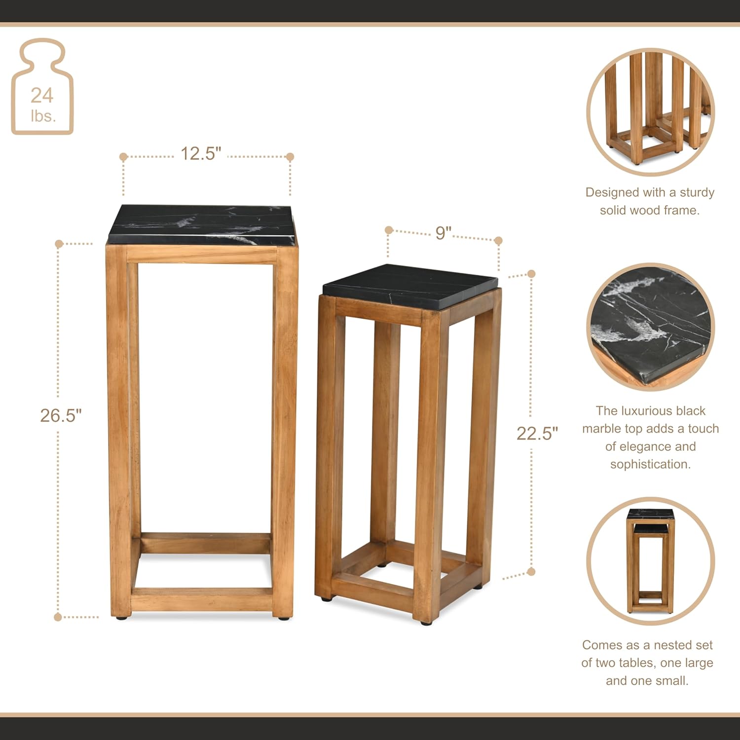 Cheung's Virael Set of 2 Square Black Marble-Topped Brown Wood Nesting Tables, Modern 12.25" Accent Tables for Living Room