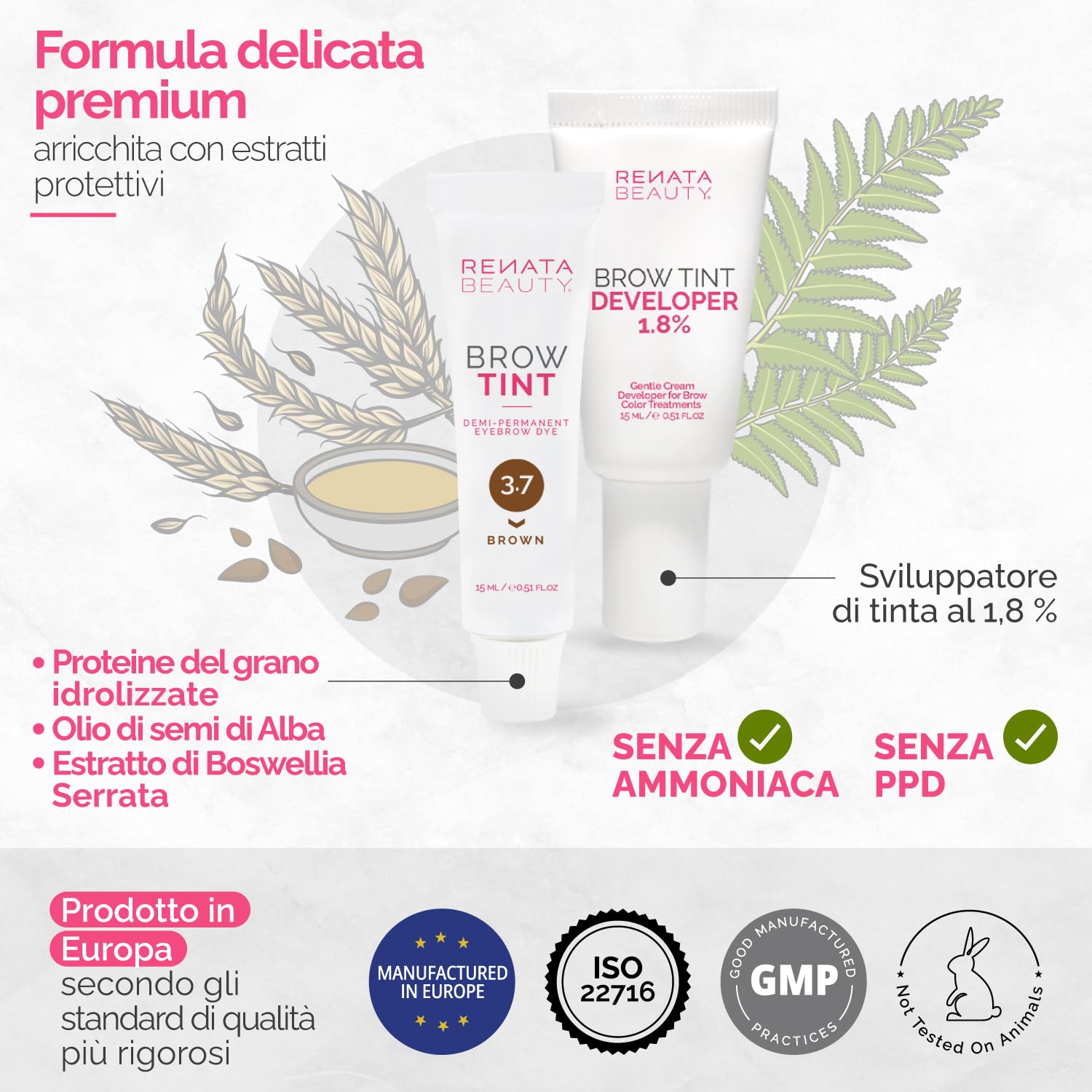 RENATA BEAUTY Kit Tinta Sopracciglia Semi-Permanente – Formula Delicata Senza PPD e Ammoniaca – Copre Peli Bianchi – Effetto Naturale Regolabile – Fino a 4 Settimane – 20 Applicazioni - Marrone