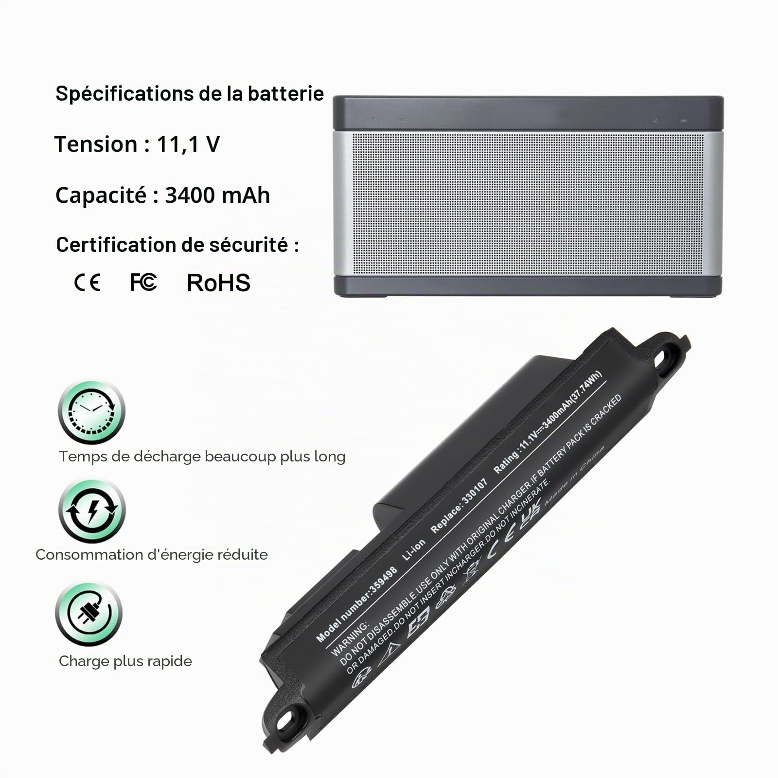 11.1V 3400mAh 359495 Batterie pour Bose SoundLink III 330107 359498 330107A 359495 330105 330105A Batterie de rechange pour Bose SoundLink Bluetooth Mobile Speaker II 404600