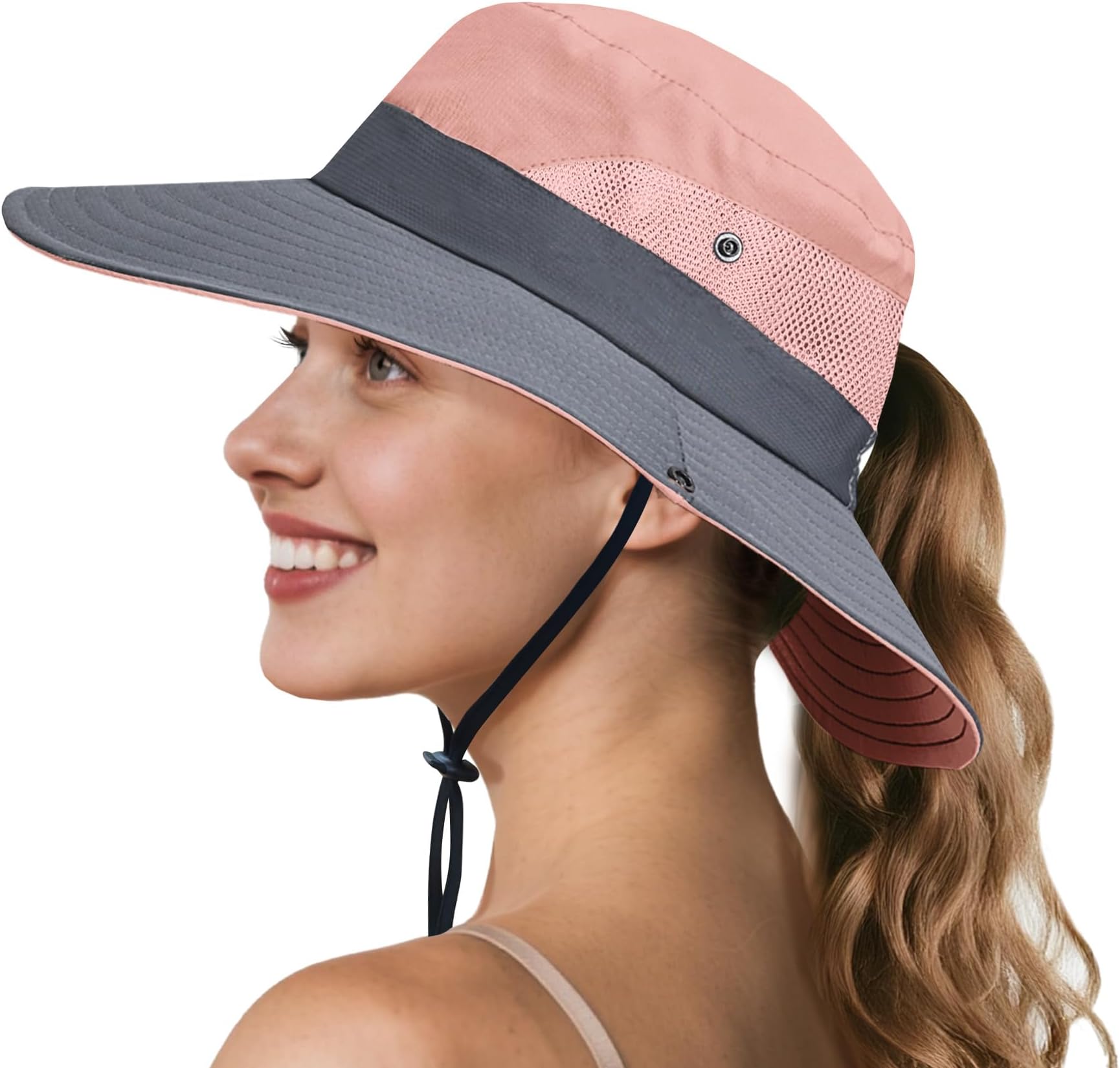 NPQQUAN Ponytail Sun Hat for Women 3” Wide Brim UPF 50+ Bucket Fishing Beach Hats Pink/Grey