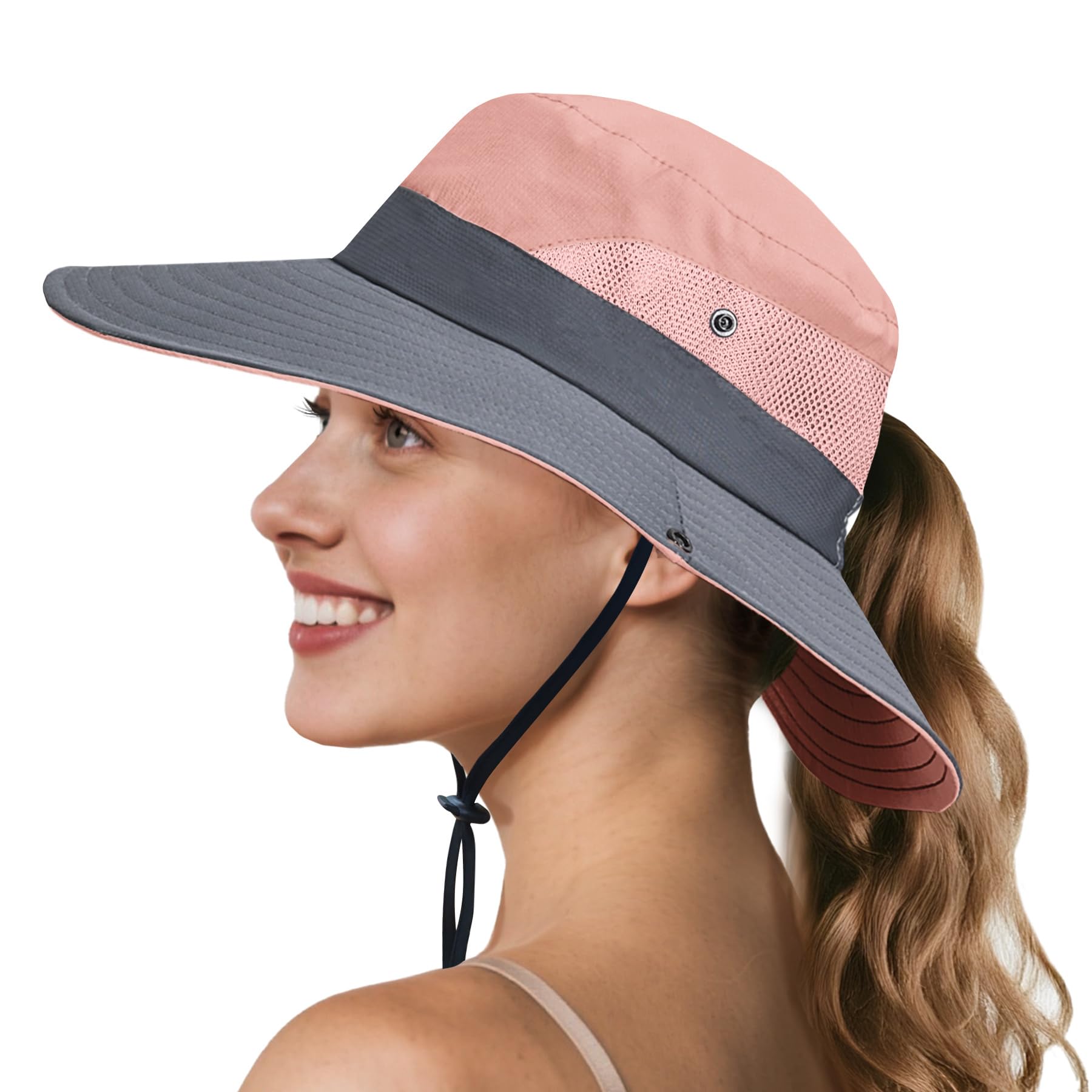 NPQQUAN Ponytail Sun Hat for Women 3” Wide Brim UPF 50+ Bucket Fishing Beach Hats Pink/Grey