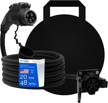 Inteset 20ft 48amp J1772 EV Extension Cable, Made in USA - for Electric Vehicle Charging Stations, Carrying Bag, Ultra-Flex Cable, UL Listed Parts