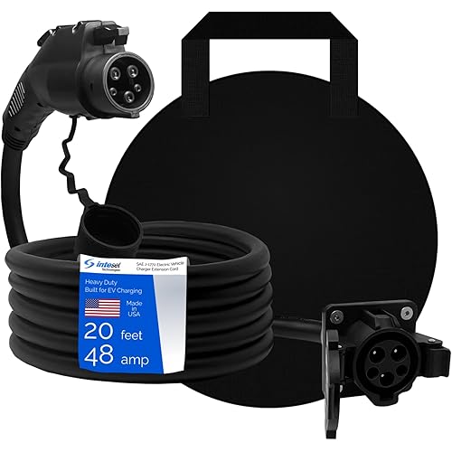 Inteset 20ft 48amp J1772 EV Extension Cable, Made in USA - for Electric Vehicle Charging Stations, Carrying Bag, Ultra-Flex Cable, UL Listed Parts