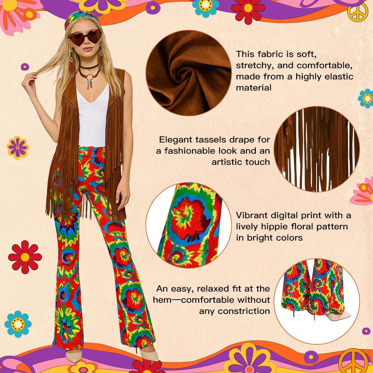 Generico BITOYO Costume Carnevale Donna Hippie Anni 70, Gilet con Frange, Pantalone a Zampa, Occhiali da Sole, Collana, Bracciali e Fascia per Feste a Tema Carnevale
