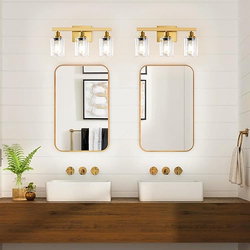 Miniatura 2 de 3 lámparas doradas de baño, luz de tocador de baño sobre espejo, aplique de pared dorado con pantalla de vidrio transparente, moderna lámpara de