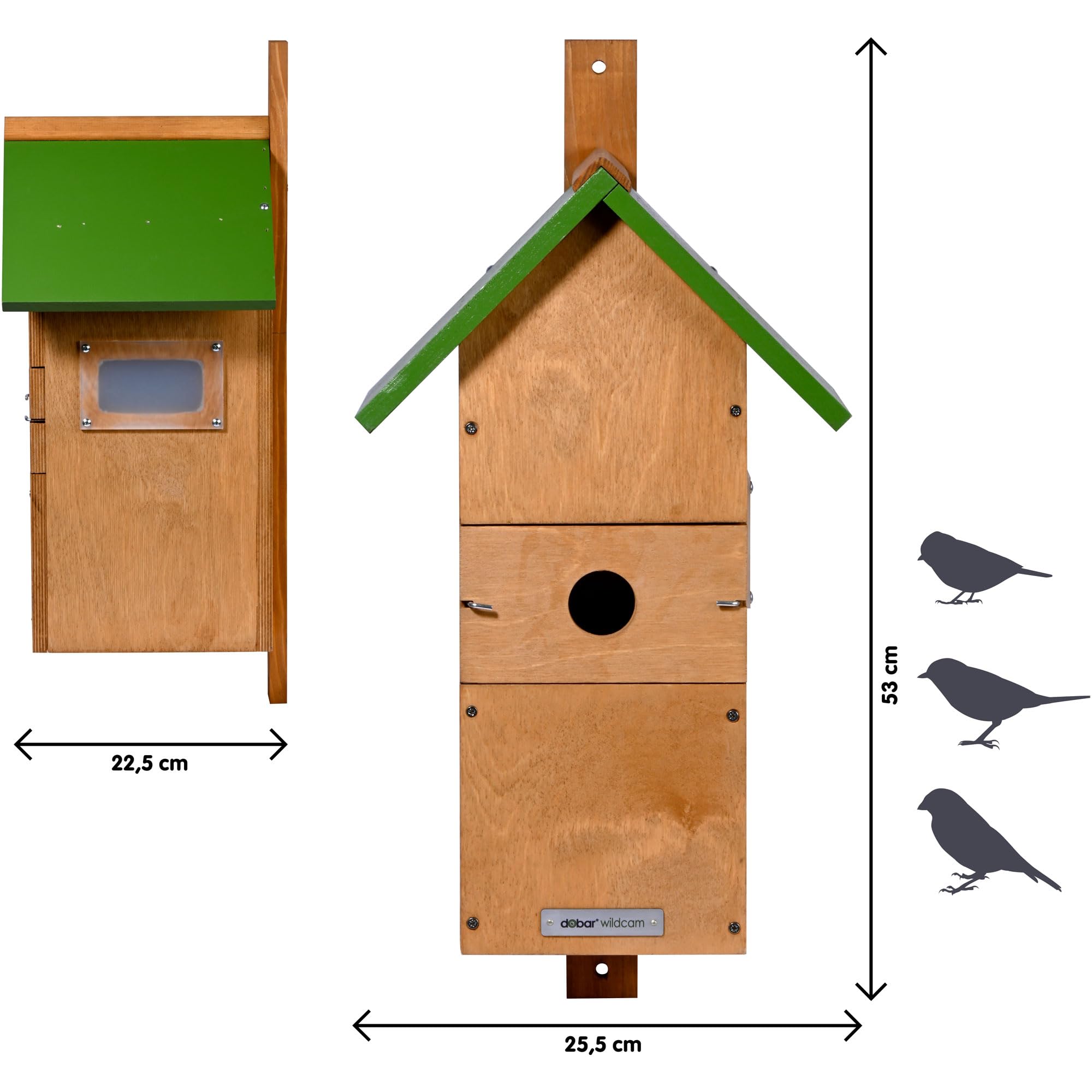 dobar® Großer Nistkasten Spitzdach aus Holz inklusive HD WiFi-Kamera und App mit austauschbaren Einfluglöchern - 25,5 x 22,5 x 53 cm - Grün-Braun