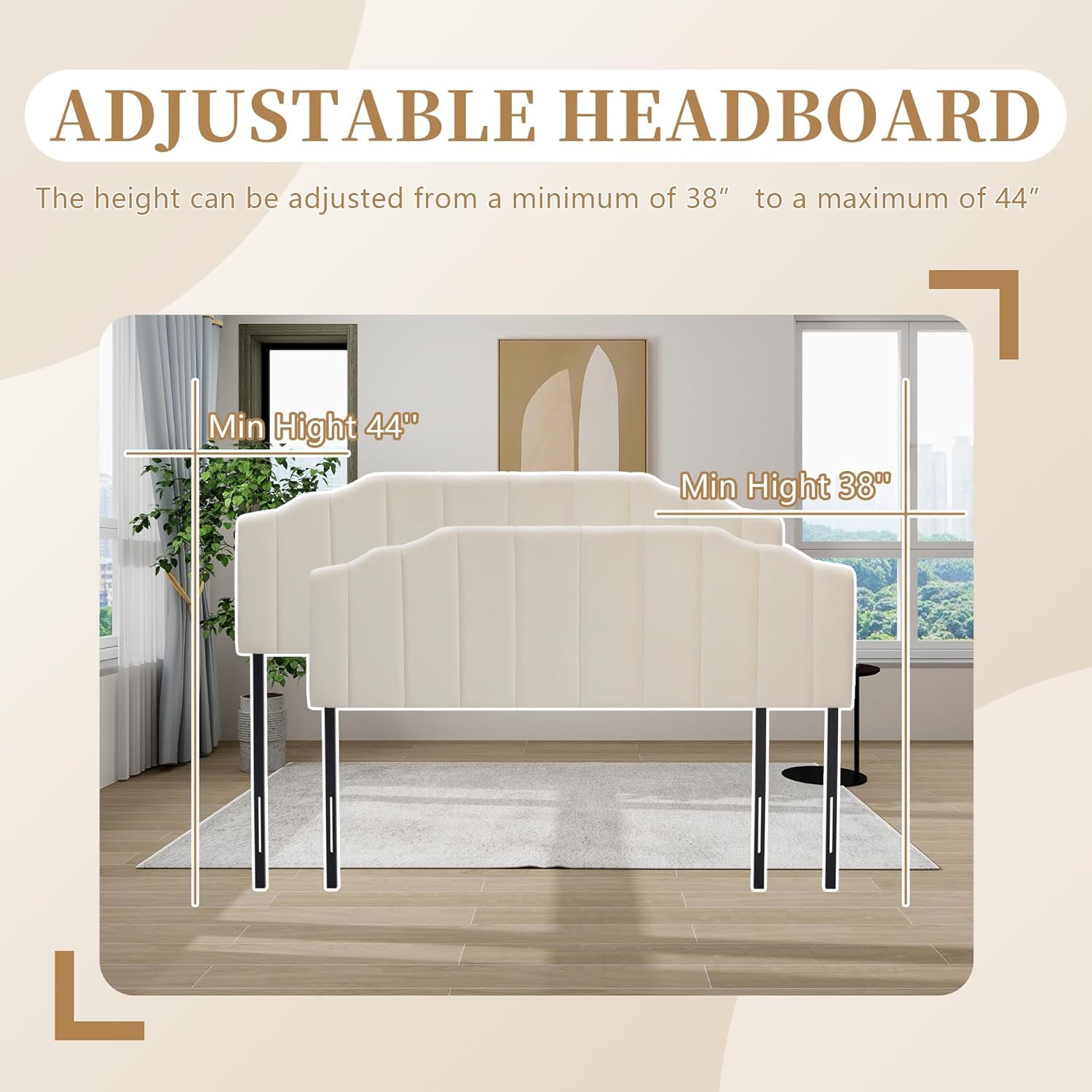 Upholstered Headboard for Full/Queen Beds - Arched Headboard Wall Mount & Bed Frame Mount, Adjustable Height, Velvet Tufted Modern Vertical Channel Design (Beige, Queen (U.S. Standard))