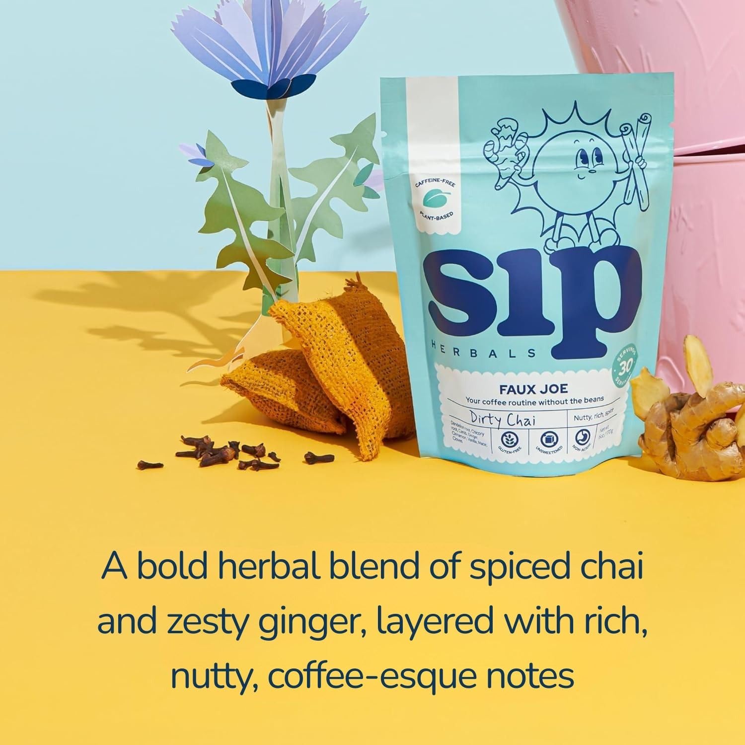 Sip Herbals Dirty Chai Roast Coffee Alternative Loose Leaf - Caffeine-Free Blend with Dandelion Root, Chicory, Cinnamon Clove - Rich Spiced Aroma & Balanced Flavor, As Seen on Shark Tank - 30 Servings