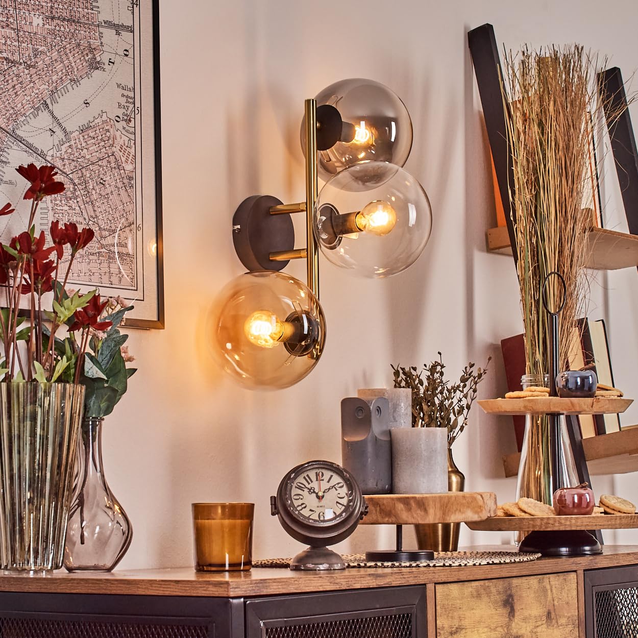 HOFSTEIN Wandleuchte Gastor, Wandlampe aus Metall/Glas in Schwarz/Gold/Rauch/Bernstein/Klar, Leuchte im Retro/Vintage-Design (Schirme Ø 15 cm), E14, Wohnzimmer, Schlafzimmer, Küche, Flur, Treppenhaus