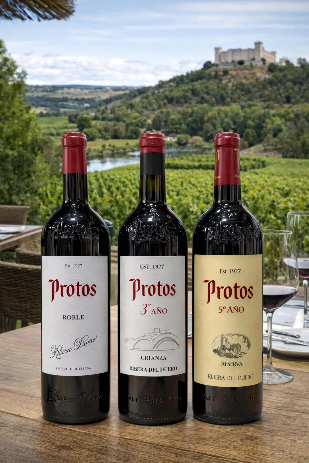 Pack Vinos Bodegas Protos Ribera del Duero – 3 Botellas: Roble, Crianza y Reserva con Caja de Madera – Selección Premium de Ribera del Duero -MYSECRETWINE-