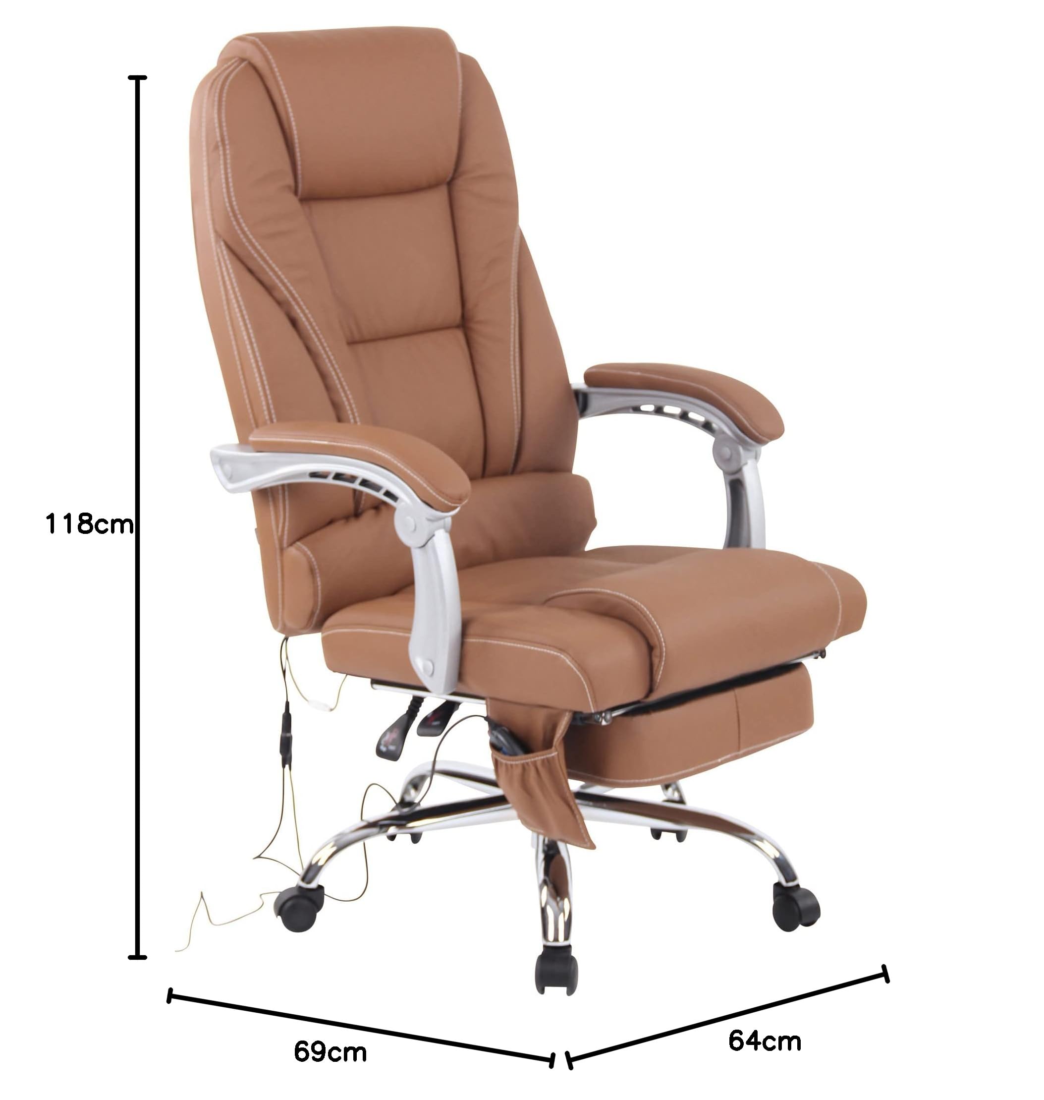 CLP Bürostuhl ergonomisch Pacific mit Echtleder-Akzenten und Massagefunktion, höhenverstellbarer Drehstuhl mit Armlehnen, 150kg belastbar | Farbe Hellbraun