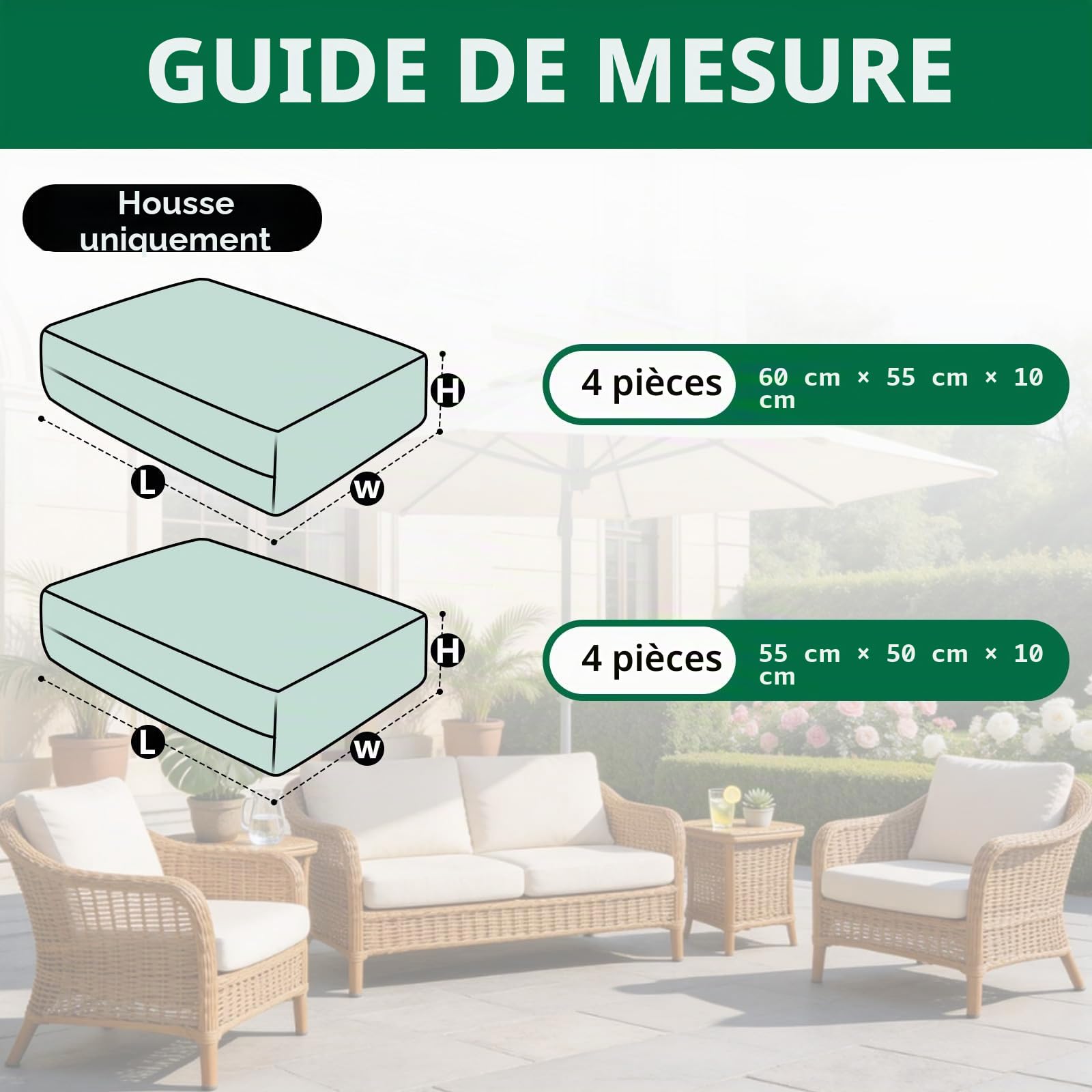SYLC Lot De 8 Housse Coussin Exterieur Impermeable, Housses Assise Canapé Protection avec Fermeture Éclair, Housse Siège Salon Jardin Terrasse (Beige,4pcs 60×55×10cm＋4pcs 55×50×10cm)