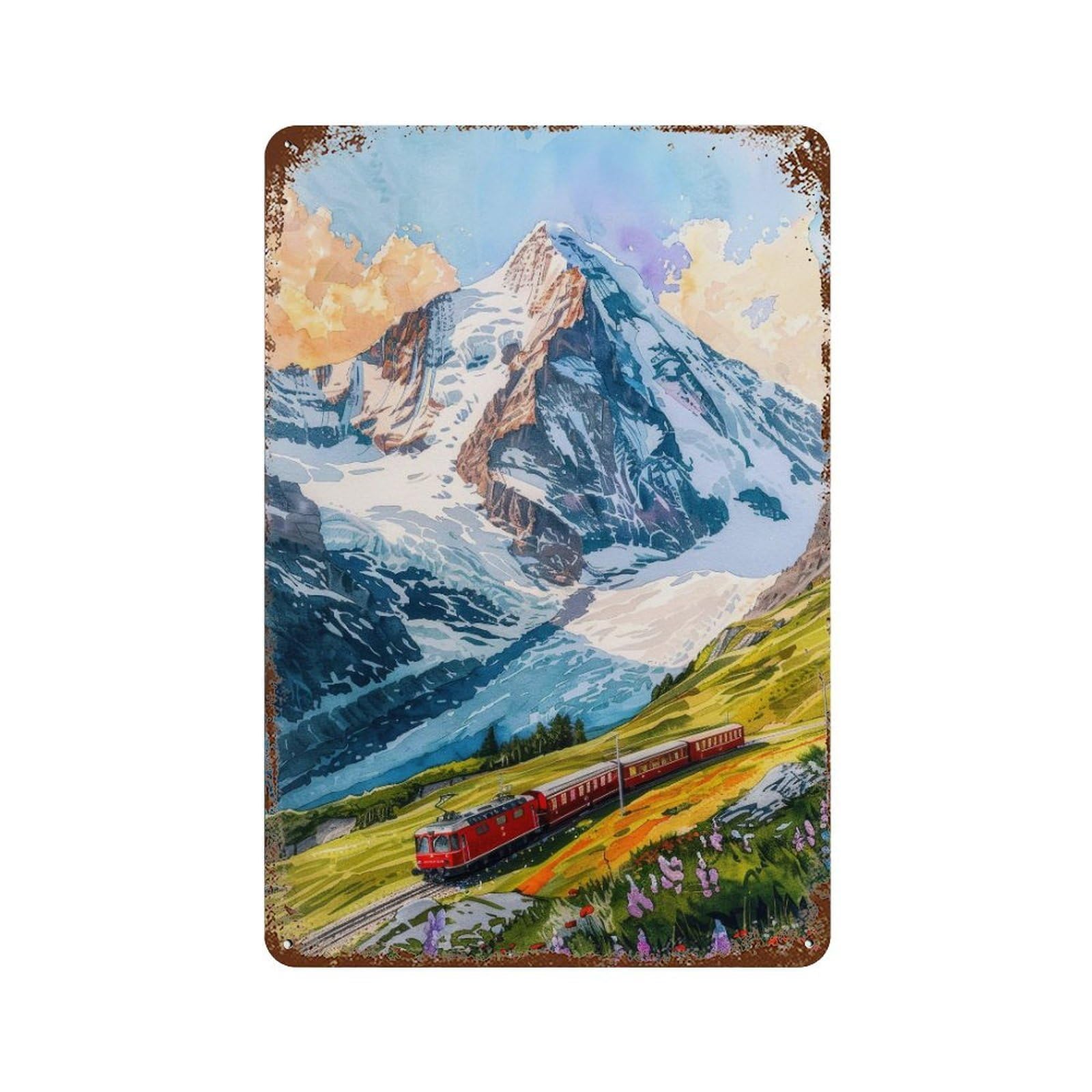 xiaoxiaoshen Jungfrau Region Switzerland Watercolor Travel Mountain Train Wall Decor Art Metal Tin Poster Modern Home Decor Art Home Bar Shop Decorations Vintage Sign 30x20cm