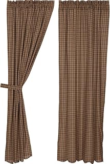 VHC Brands Rustic Prescott Rod Pocket Cotton Tie Back(s) Plaid Curtain, Panel Set 84x40, Brown