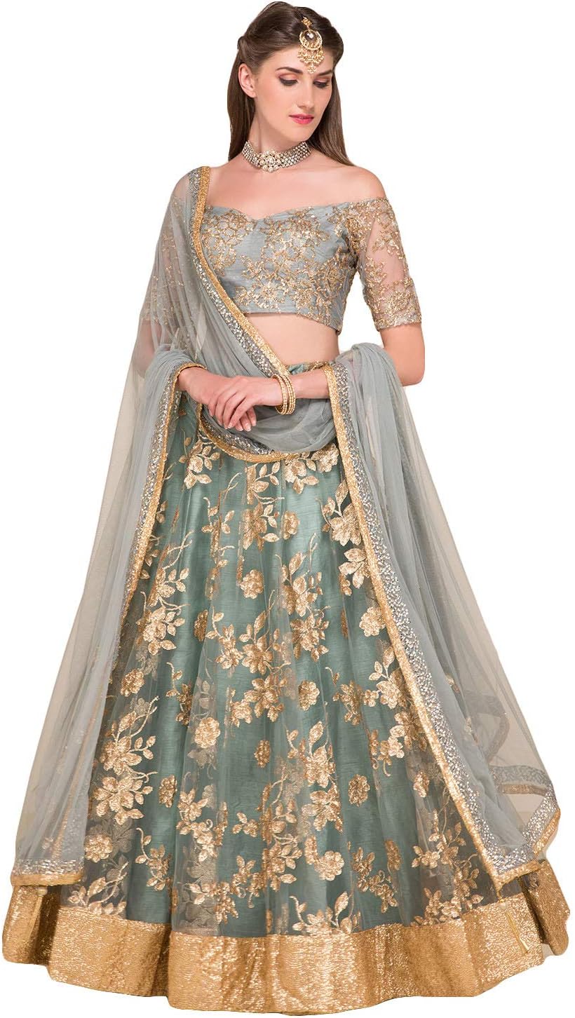 ultrasav Women's Net & Satin Lehenga Choli (ULT_3_Grey_Free Size)