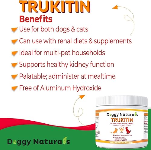 Miniatura 4 de Trukitin - Carpeta de fosfato a base de quitosina para gatos y perros, ingredientes naturales de grado humano para suplemento de apoyo renal con