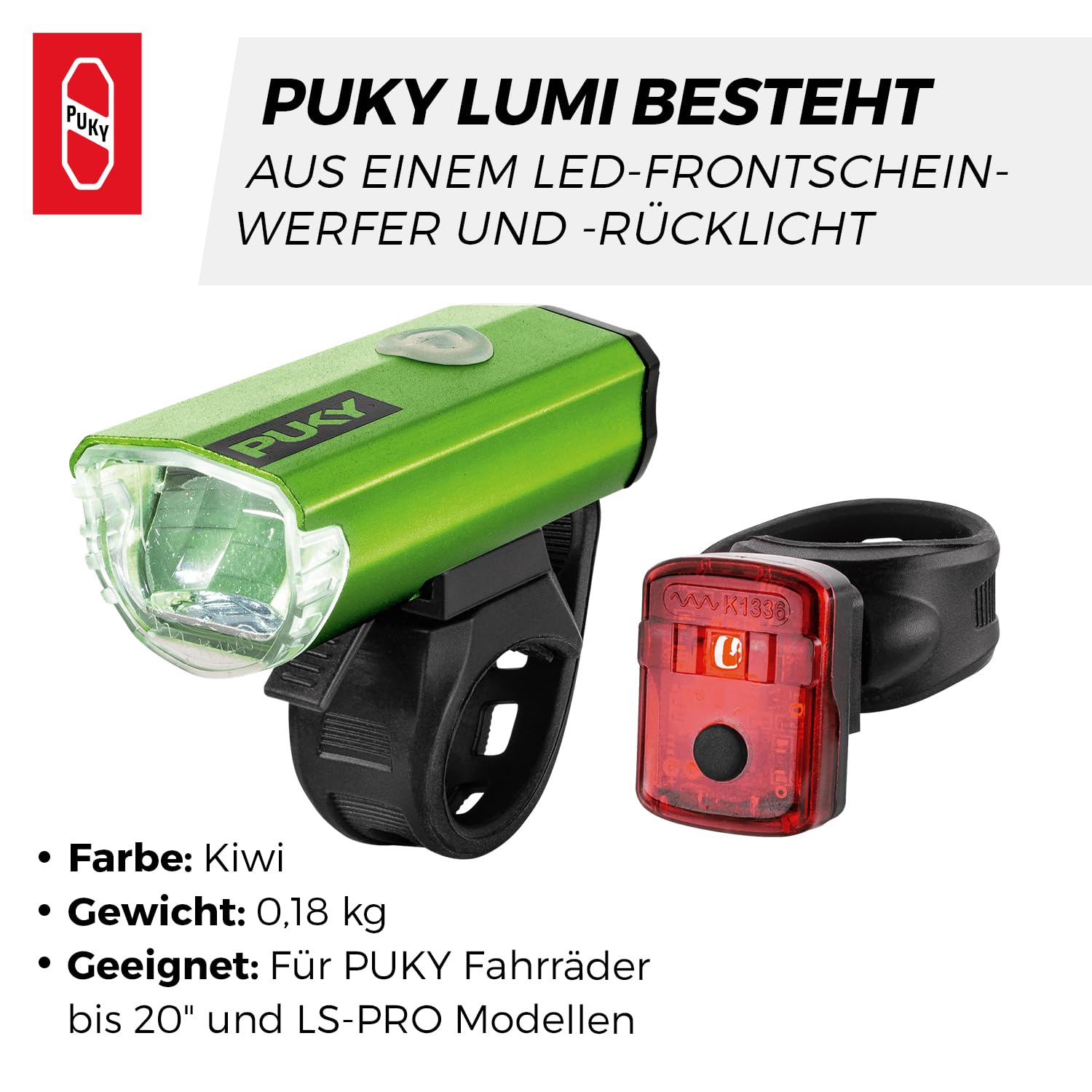 PUKY LUMI LED-Frontscheinwerfer & Rücklicht-Set | Seitliche Sichtbarkeit | Werkzeuglose Montage | Für 20