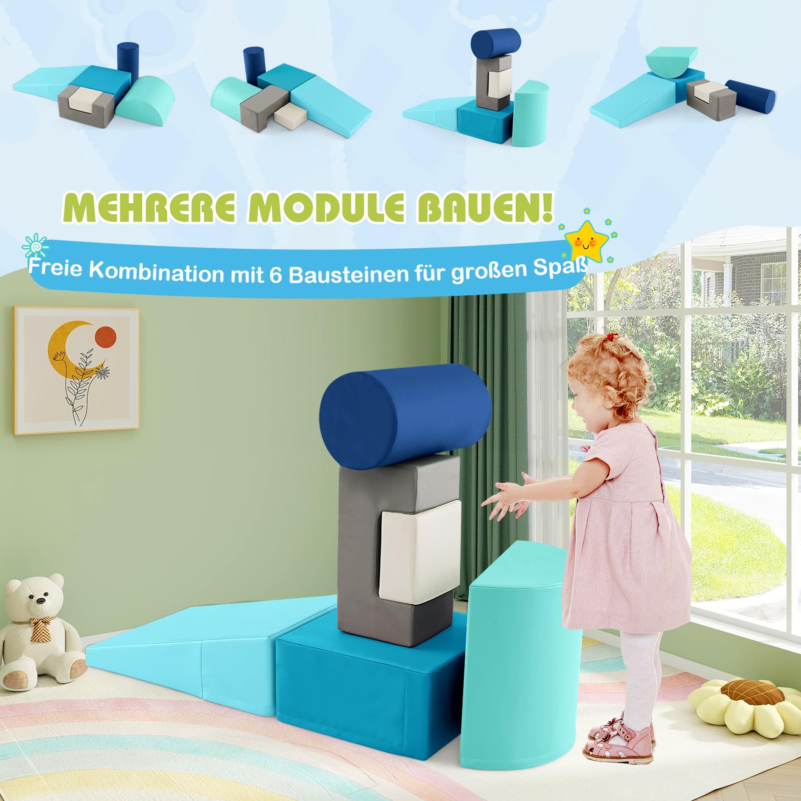 GOPLUS 6 TLG. Schaumstoffbausteine, Softbausteine zum Klettern & Rutschen, Riesenbausteine aus Kunstleder & Schaumstoff, Großbausteine Softbausteine für Baby Kleinkinder (Pfauenblau)