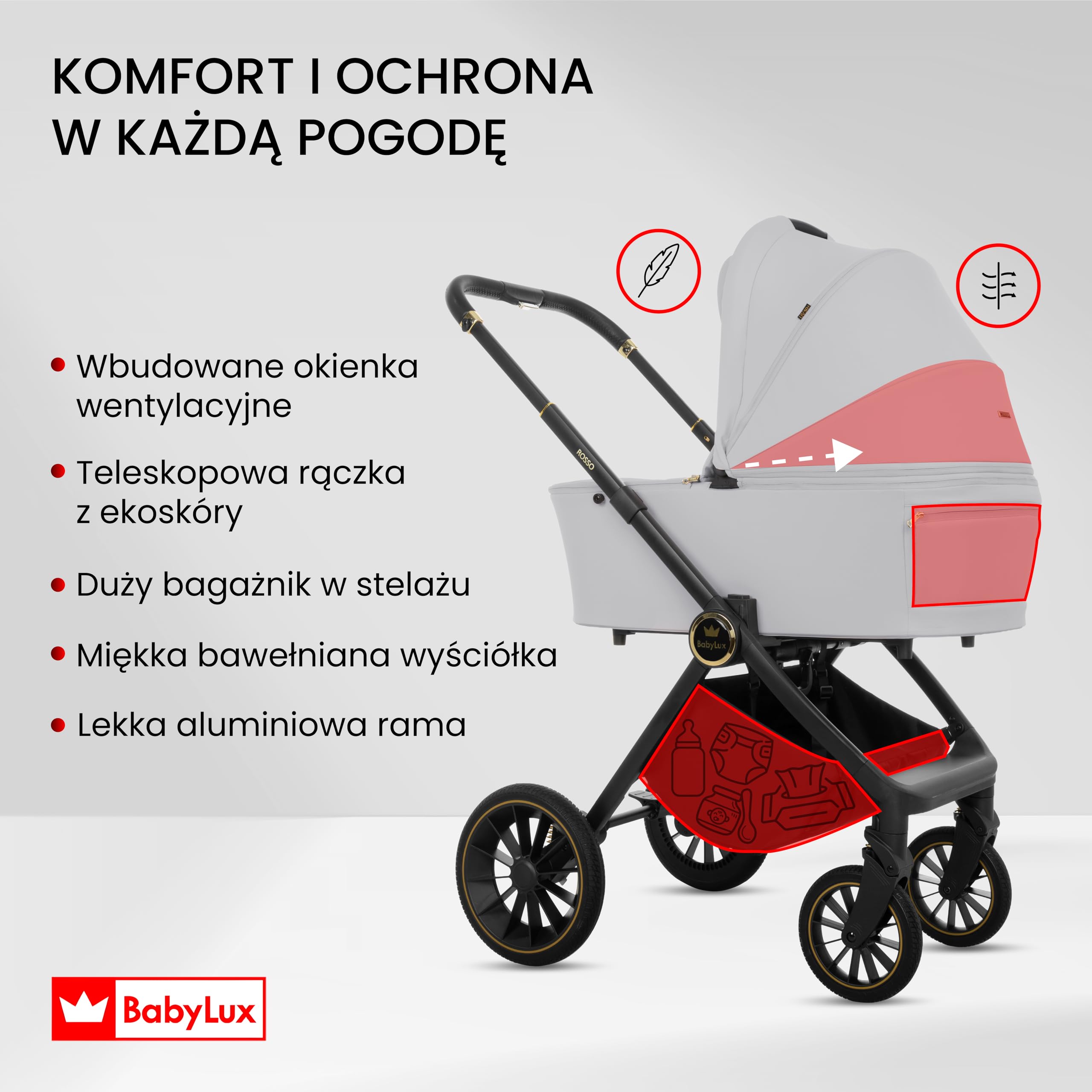 BabyLux Wielofunkcyjny Wózek Dziecięcy 3w1 ROSSO Gondola, Spacerówka, Fotelik Samochodowy z Akcesoriami, Lekki i Kompaktowy, Składana Aluminiowa Konstrukcja Stelaża, Regulowane oparcie, Żelowe Koła