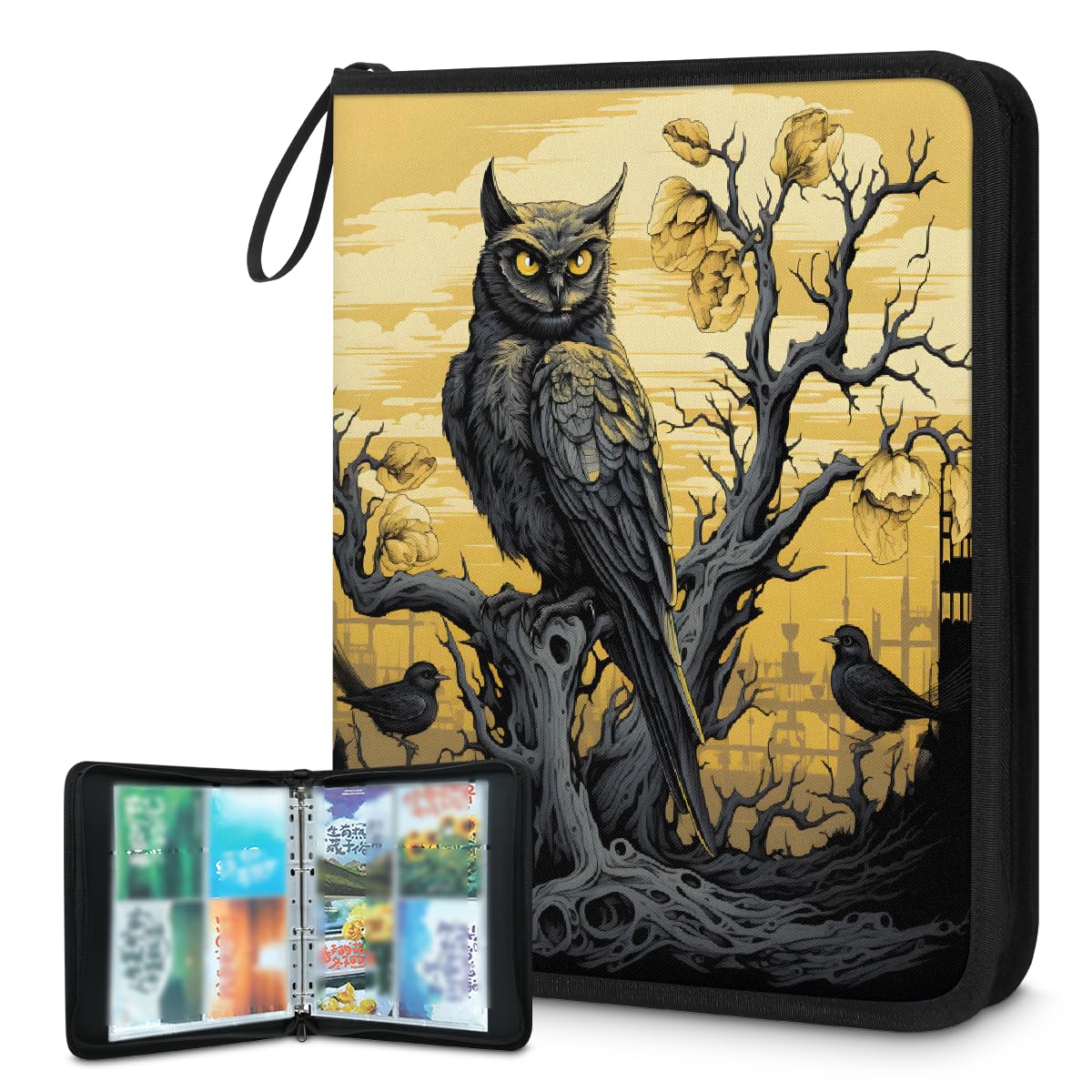 Classeur pour cartes à collectionner - 4 poches - Pour Halloween - Corbeau - Hibou - Avec pochettes amovibles - Étanche - Avec fermeture éclair - Capacité de 50 pages - 400 cartes