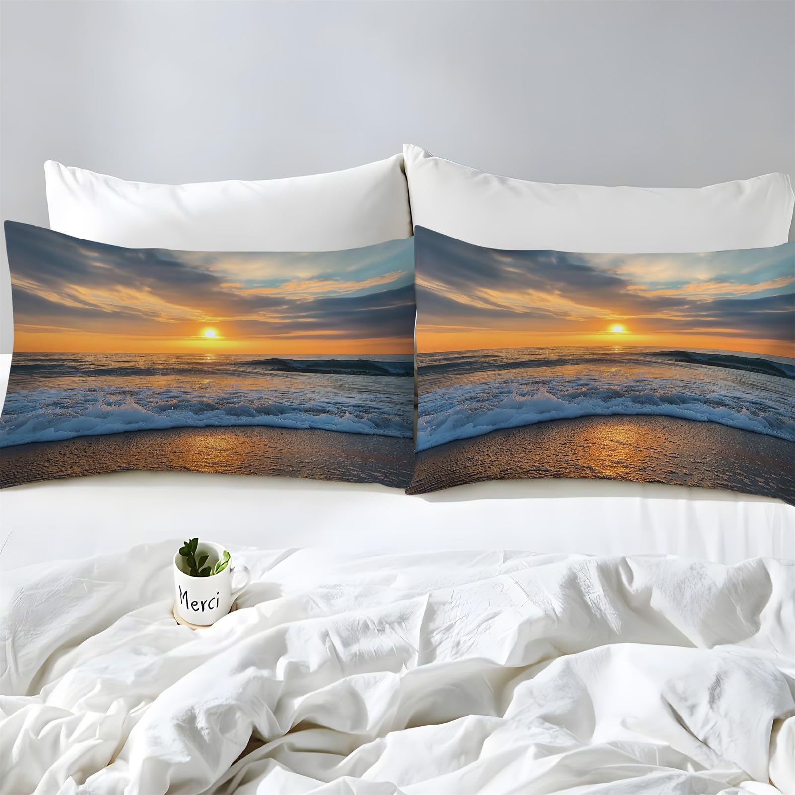 Generico Set Copripiumino Singolo Matrimoniale 240x220 cm Tramonto Vista Mare Copripiumino con 2 Federa 50x80 cm in Poliestere Cotone, Set Biancheria da Letto Morbido Anallergico