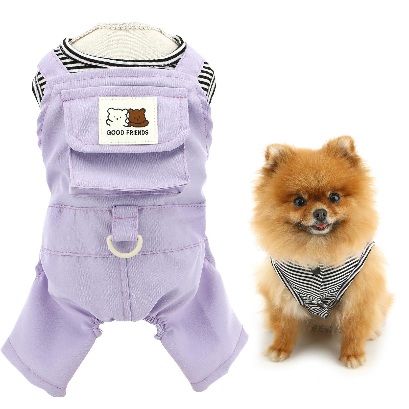 SMALLLEE_LUCKY_STORE Denim Dog Overall for Small Dog Pet Jumpsuit with D-ring and Pocket Striped Summer Spring Puppy Shirt Jeans Pants Outfits Chihuahua Yorkie One Piece, Purple, S